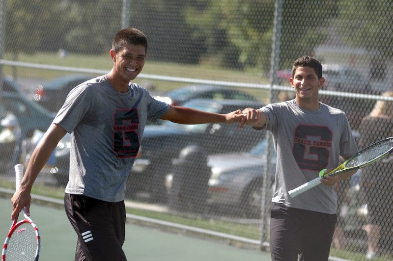 Aaron Blevins (left) and Daniel Sanchez helped Grace to a conference win Saturday at Indiana Wesleyan (Photo provided by Grace College Sports Information Department)