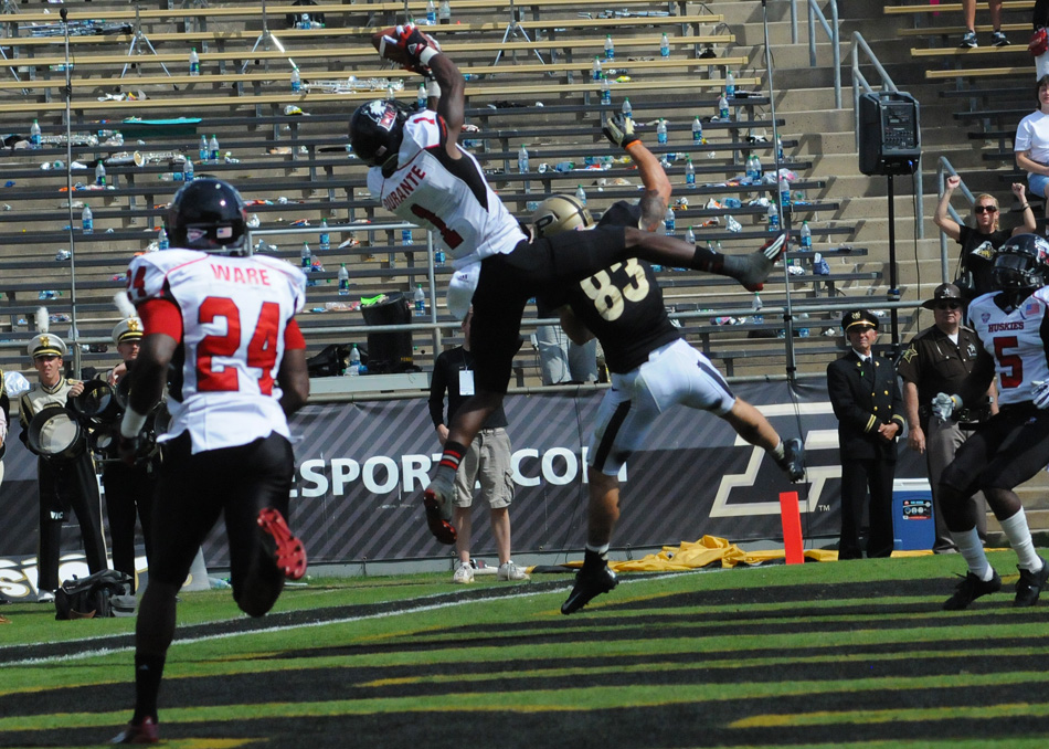 Northern Illinois defensive back Dechan Durante picks off a pass during the Huskies' 55-24 win at Purdue Saturday afternoon. (Photos by Dave Deak)