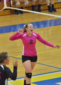 Triton's Krystal Sellers celebrates a point on Saturday.