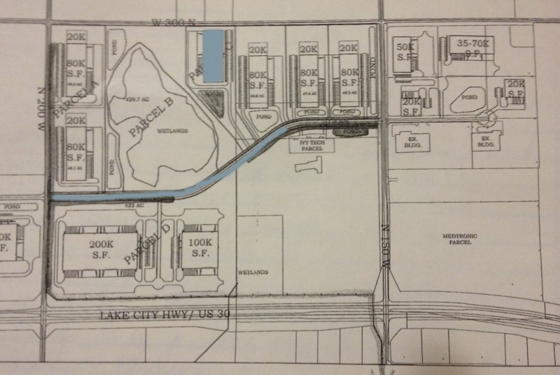 This preliminary plan shows the 90-plus acres the city of Warsaw is planning to purchase for the continued development of the Warsaw Technology Park. The blue shaded areas show a preliminary location for a shell building to be constructed in 2014, and the extended Polk Drive as the city hopes to accomplish.