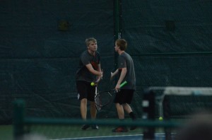 Nic Jansen (left) and Caleb Ray celebrate during their No. 2 doubles win Wednesday.