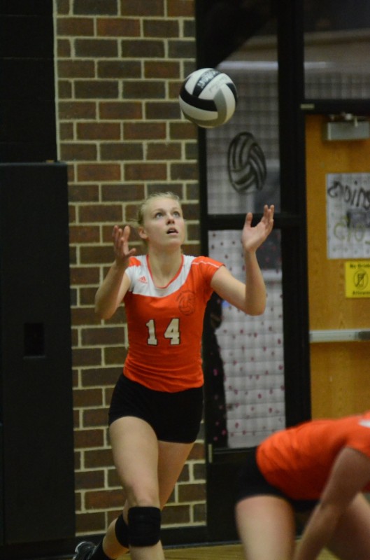 Katie Voelz is focused on her toss for a big serve for the Tigers.