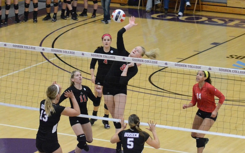 Dana Johnston of Grace College helped lead her team to a 3-0 win at Goshen College Wednesday night in the regular-season finale (Photo by Josh Gleason)
