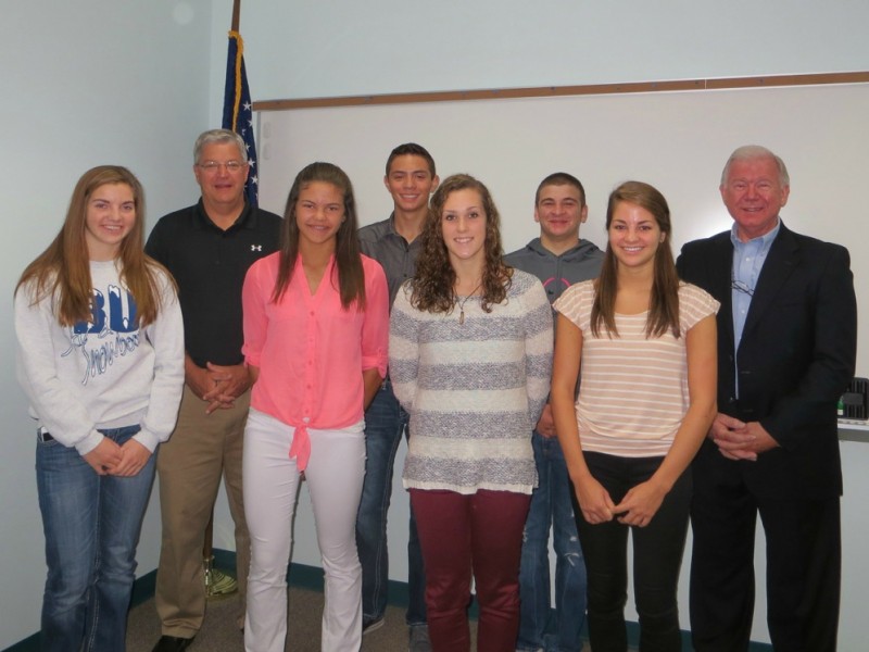 From left, in the front, are  Elaine Warner, Whitko High School; Hannah Jennings, Triton High School; Paige Price, Lakeland Christian Academy; Nicole Eckert, Warsaw Community High School.  In back are Warsaw Mayor Joe Thallemer; Blake Schritter, Warsaw Community High School; Nate Spangle, Triton High School; and Kosciusko County Councilman Bob Sanders. (Photo provided)