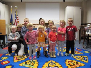 Story time is a good place for children to make friends. Shown is the class that met October 7th. Left to right:Madeline Harkenrider, Addison Abel, Sierra Adkins, Cora Snavely, Kate Able, Graham Harkenrider. In the back row “Miss Gisela” Vore, Dalton Moore, Leah Hurst, Addison Leamon, (Photo provided)
