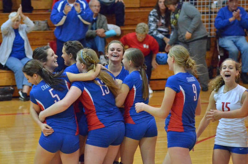 West Noble celebrates their winning point over Whitko in the fourth and final game of Tuesday's match.