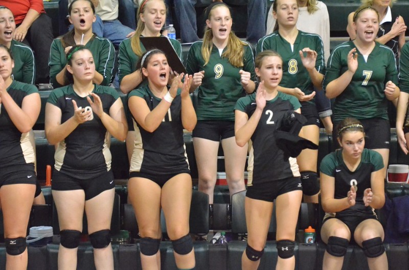 Wawasee seniors Kasey Napier (10) Lydia Katsaropolous (11) and Hunter Gaerte (2) cheer on their team after coming off the court for the last time at Wawasee High School. (Photos by Nick Goralczyk)