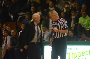 Valley coach Bill Patrick shares his opinion with official Steve Chamness.