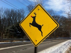 Thanks to a citizen with holiday spirit, this deer crossing sign along Pierceton Road west of Packerton Road is now a  Rudolph crossing sign.