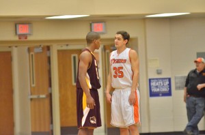 Bloomington North's Kaleb Ferrell tries some trash talking to try and break Warsaw's Jordan Stookey towards the end of Friday morning's game.