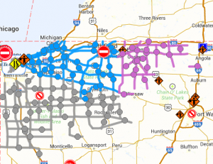 Indiana State Police provide updated road conditions during winter events. The purple areas are currently noted as "difficult" or "hazardous" travel areas. The blue indicate "fair" road conditions and the gray means roads are mostly clear.