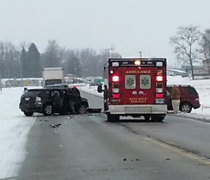 A head-on collision on SR 13 in Syracuse happened shortly before 2 p.m. Friday. One person was believed to be trapped in the wreckage. (Photo provided)