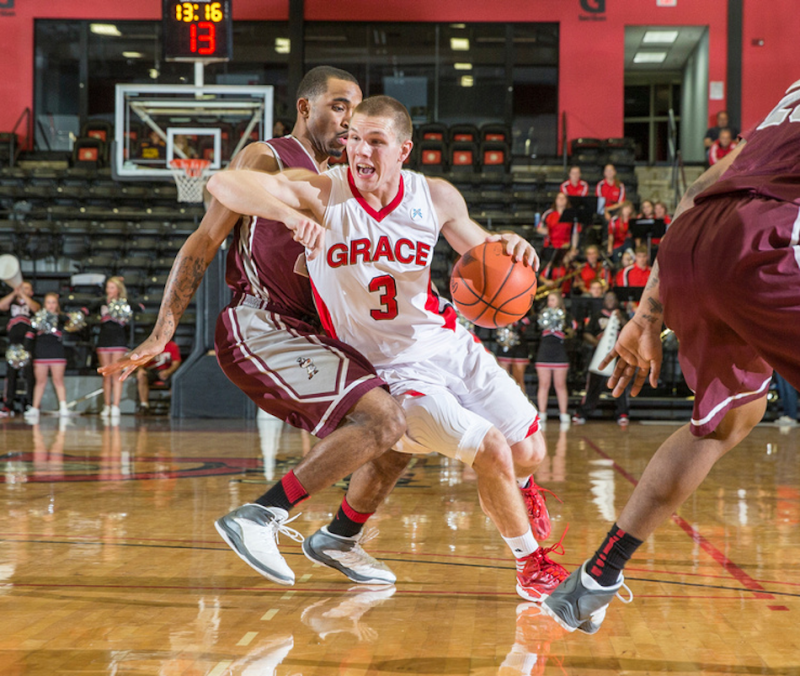 Grace College guard Logan Irwin, shown earlier this season, led the Lancers to their first conference win Saturday (Photo provided by Jeff Nycz)