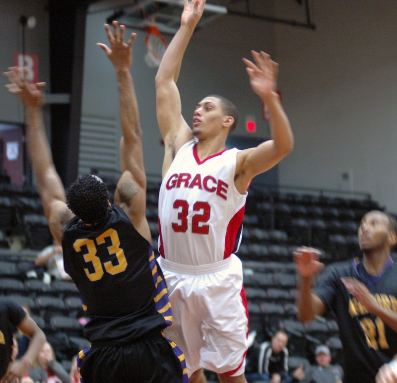 Brandon Vanderhegghen goes up for Grace College Tuesday during a home win over No. 23 Ashford (Photo by Seth Elliott)
