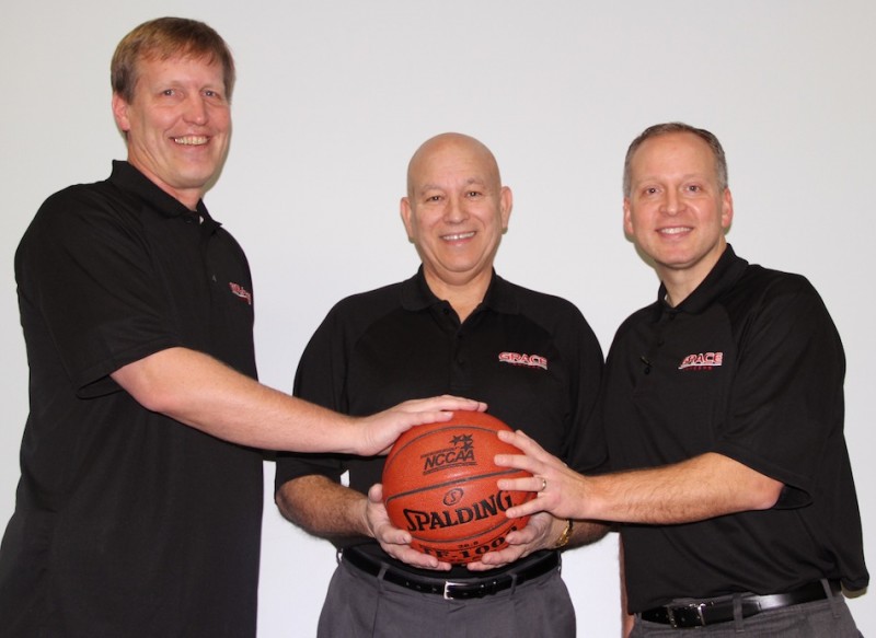 Grace College will continue to serve as host for the NCCAA Basketball Championships through 2017. Shown above are Jim Swanson, Grace Vice President for Academic and Student Services, Dr. Bill Katip, Grace President and Chad Briscoe, Grace Director of Athletics.