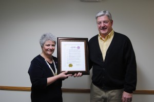 Big Brother Big Sister Community Development Director Trina Hoy, left, and Warsaw Mayor Joe Thallemer, announced Monday January is National Mentoring Month. Currently, there are 75 children on the waiting list who need a Big Brother or Big Sister.