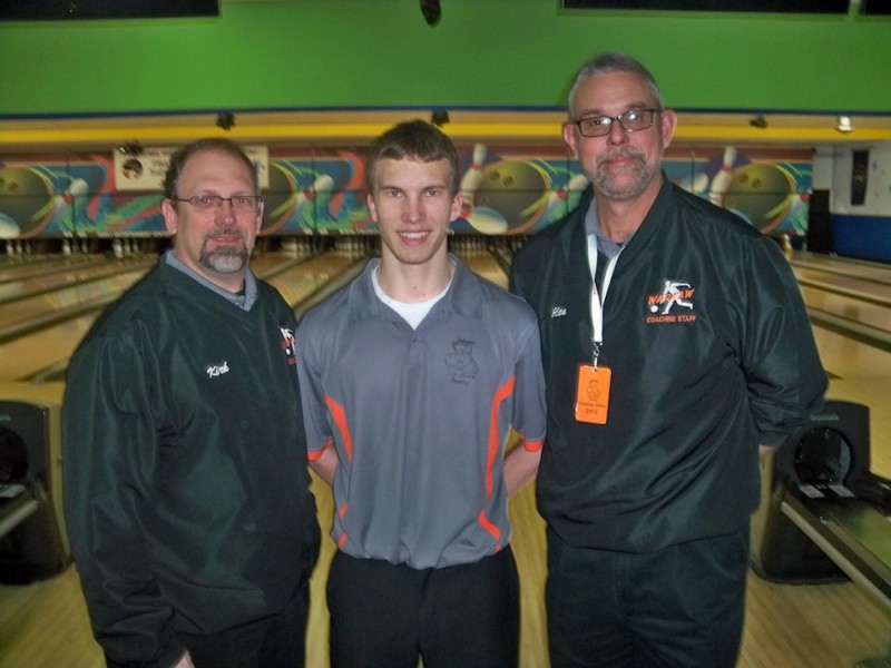 Jim Pifer of the Warsaw bowling team will compete at State Saturday. Pifer is shown above with coaches Kirk Wyman and Glen Ransbottom (Photo provided by Jenny Ransbottom)