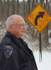 Warsaw Police Officer Mike Cox, a gang specialist, and the Kosciusko County Sheriff’s Department are working with the Kosciusko County Highway Department to reduce the number of incidents of tagged and otherwise-defaced road signs. 