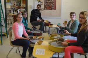 Shown with a few of the bowls are, clockwise, students Ruby Minnick and Kaine Pierce and Whirledge, along with students Christopher Oesch and Jaclyn Miller.