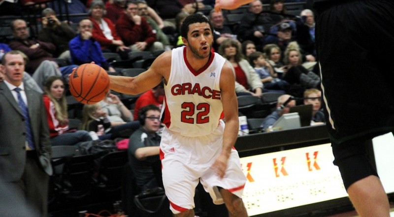 Niko Read handles the ball for Grace College Tuesday night during a 75-65 home loss to Mt. Vernon Nazarene (Photo provided by Grace College Sports Information Department)