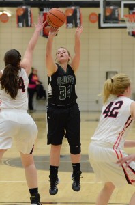 Erin Wiktorowski hits one of her two three-pointers on the night for Wawasee. Wiktorowski also led all players with six assists.