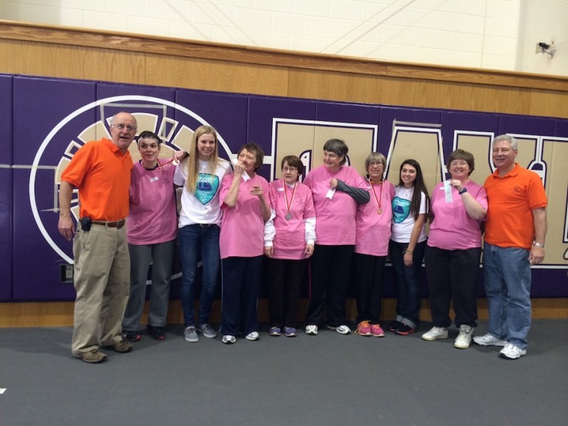 Athletes from Kosciusko County competed in a Special Olympics basketball tourney recently. Those taking part in the women's skills competition are shown above. From left are Joe Baranowski (coach), Michelle Ousler, Courtney Linnemeier (coach), Mary Bicknell, Sandy Hunter, Marti Sullivan, Sharon Singleton, Jada Antonides (coach), Sandy Bibler and John Bonitati (coach). (Photos provided)