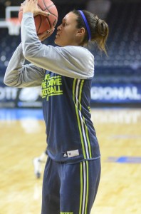 Notre Dame All-American Kayla McBride eyes a jumper Friday during practice. The undefeated and second-ranked Irish face Oklahoma State at home Saturday in the NCAA Tournament.