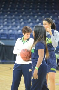 Notre Dame coach Muffet McGraw talks to senior center Natalie Achonwa Friday.