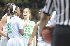 Madison Cable reacts after scoring a bucket for the Irish.