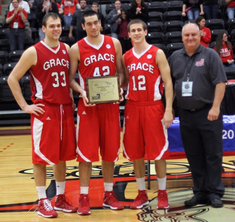 The Grace College senior trio of Greg Miller, Jared Treadway and Morgan Michalski are shown with their runner-up plaque.