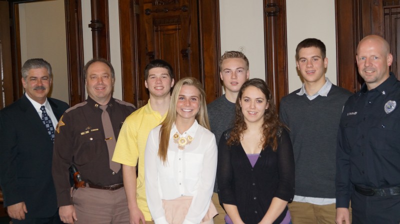 KYLA students recently toured offices of the local legal system. In front, from left, are Kylie Mason (Triton) and Lillie Berger (Triton). In back are KYLA Advisor Tony Ciriello, Kosciusko Country Sheriff's Department Captain Aaron Rovenstine, Grant Strichter (Triton), Caleb Klusman (WCHS), Brandon Eckert (WCHS) and Warsaw Police Department Chief Scott Whitaker. (Photo provided) 