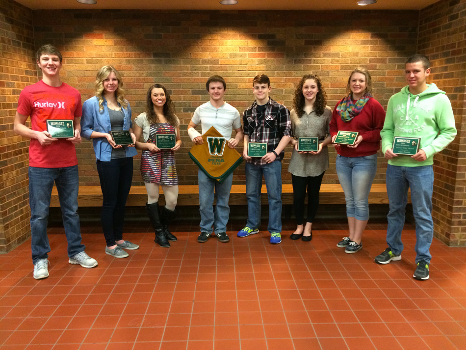 Wawasee announced its 2013-14 winter sports awards recipients Tuesday night at its awards banquet. Among the award winners were the Warrior Way recipients, along with the blanket winner. From left to right are Gage Reinhard, boys basketball Warrior Way; Courtney Linnemeier, girls basketball Warrior Way; Taylor Heck, gymnastics Warrior Way; Michael Pena, blanket; Zac McKee, wrestling Warrior Way; Hannah Rhoades, girls swimming Warrior Way; Allyson Weaver, cheerleading Warrior Way; and Logan Haessig, boys swimming Warrior Way. (Photo by Mike Deak)