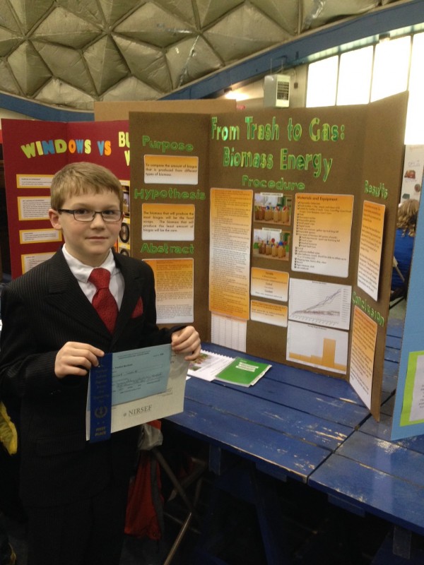 Trenton Barnhart, fifth grade, won a first place ribbon and Purdue Agriculture Research Award and Serim Research Award for his topic on Trash Gas and Biomass Energy.  (Photo provided)