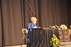 Eva Kor, Auschwitz survivor and founder of the Candles Museum in Terre Haute, spoke with students and community members yesterday about her experiences during the Holocaust.  (Photo by Alyssa Richardson)