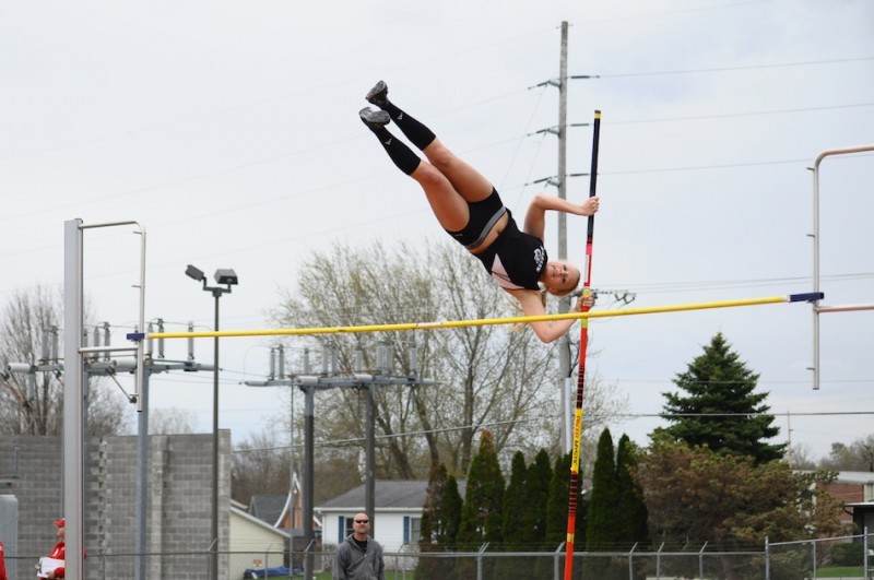 Claire Hickerson won the pole vault for host Warsaw Tuesday night. The Tigers remained undefeated with NLC wins over Plymouth and Elkhart Memorial (Photos by Amanda Farrell)