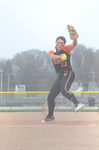 Kaleigh Speicher prepares to fire a pitch for Warsaw Monday.