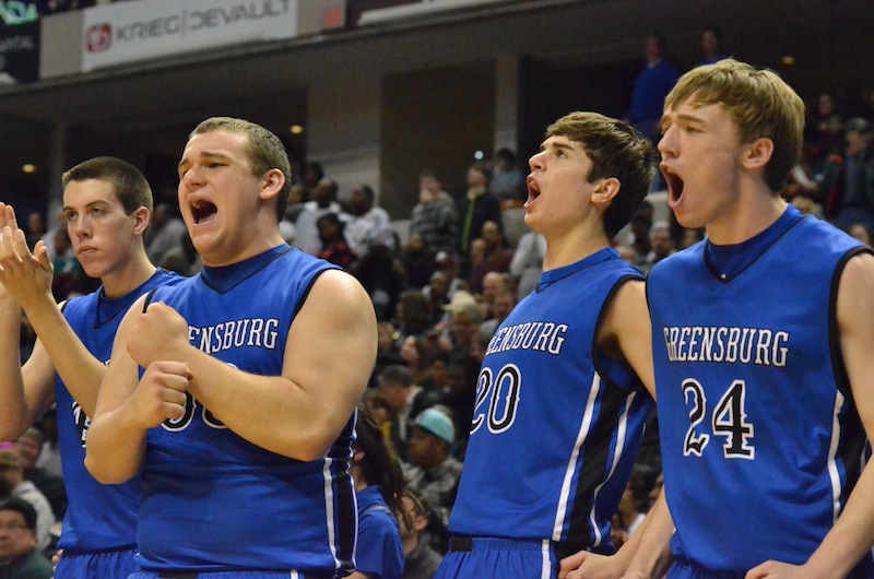 The Greensburg bench erupts after a big basket in the third quarter of the 3A championship game. (Photos by Nick Goralczyk)