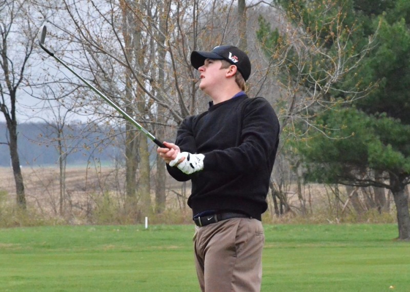 Austin Layne turned in the lowest score for Fairfield on Monday with a 40. Here Layne watches his tee shot on number five.