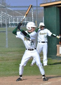 Caleb Glon prepares for a pitch on Tuesday night. Glon walked twice, reached on an error, scored three runs and stole two bases to help his team beat Plymouth 20-7. 