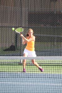 Sarah Boyle hit a backhand during her No. 1 singles match versus Plymouth Tuesday at WCHS.