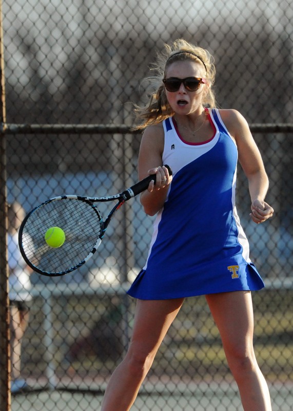 Junior Kaelyn Mason is one of six returnees this spring for the Triton girls tennis team. Mason is shown playing No. 1 singles in the season opener versus Peru last week (Photo by Mike Deak)