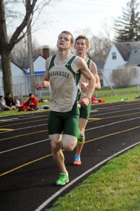 Wawasee's Zach Cockrill and Adam Doll pull away from the pack in the 1600-meter run Thursday night in the Northern Lakes Conference triangular with Northridge and host Goshen. (Photos by Mike Deak)
