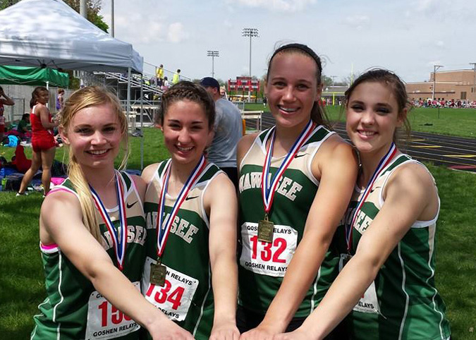 The Wawasee 4x200 relay team of Catherine Yankosky, Sarah Lancaster, Skylar Janda and Leigh-Ann Shrack won the event at the Goshen Relays with a time of 1:51.70. (Photo provided)