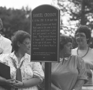 Shown is a photo taken in July 1987 when a marker was placed next to the grave site of Samuel Crosson during Syracuse’s sesquicentennial celebration. This bronze marker was removed from its post prior to mid-April. (File photo)