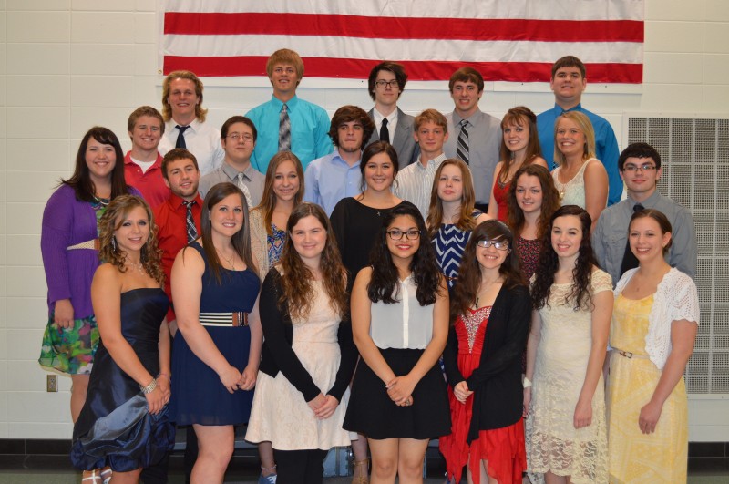 Wawasee High School students inducted into the 2014 Academic Hall of Fame included, in front, from left, Danielle Miller, Katy Ashpole, Ashley Hoover, Stephanie Camargo, Dorinda Brito, Melodie Jones and Ashley Helfers. In the second row are McKenzie Hare, Kyler Love, Hunter Gaerte, Lydia Katsaropoulos, Kylie Fleming, Zoe Abrams and Kaine Pierce. In the third row are Jake Sumpter, Zachary Sapp, Joseph Bornman, Austin Yoder, Samantha Prins and Stacie Carr. And in the back row are Kevin Carpenter, Kody Carpenter, Quinn Crough, Brett Ward and Joshua Collins.