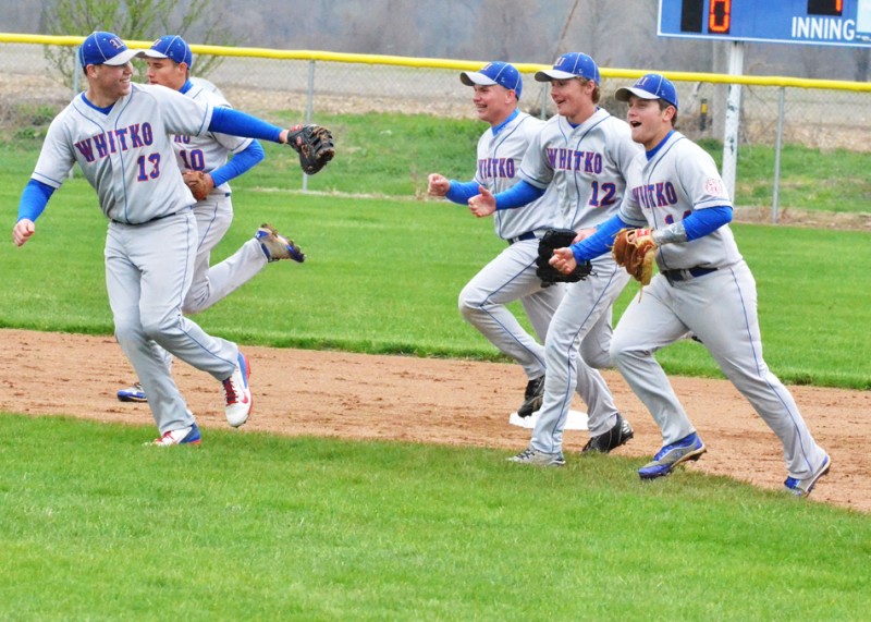 Whitko leaves the field ecstatic after Carter Keirn (12) sold out and made a stellar catch against the fence in right field.