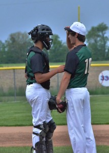 Gage Fannin (right) gets some words of encouragement from his catcher, Nik Anderson.