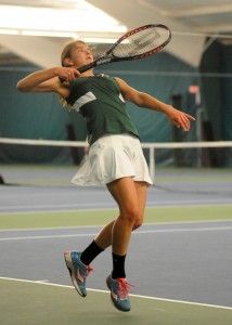 Wawasee's Chelsea Carolus returns a shot during her three singles match against Plymouth's Jessica Stillson during the opening round of the Northern Lakes Conference Girls Tennis Championships.