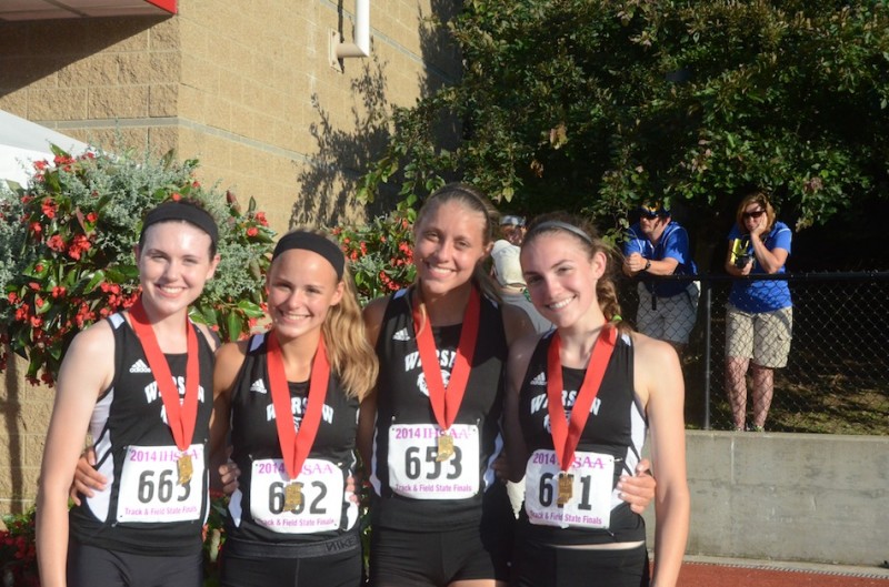 The Warsaw 4 X 100 relay team earned a state runner-up finish Friday night in Bloomington. The team (from left) is Ann Harvuot, Mariah Harter, Samantha Alexander and Audrey Rich.