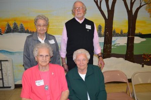 Attending the Milford High School Alumni Banquet from the Class of 1944 were, in front from left, Glennis Orn Stump and Mary Hummel Wolford. In back are Joan Good Ganger and Harley Stieglitz.